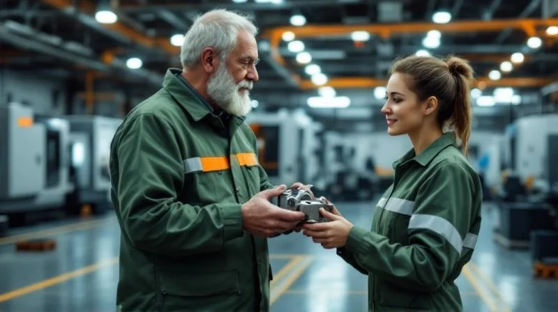 Ausbilder in einer Chemnitzer Industriewerkstatt erklärt einer Auszubildenden ein Bauteil