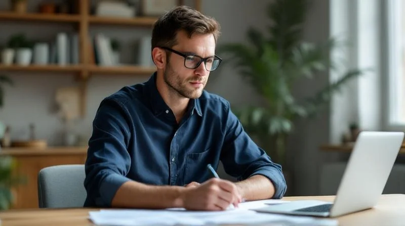 Mann studiert Unterlagen fuer seine Fortbildung an einem Chemnitzer Schreibtisch