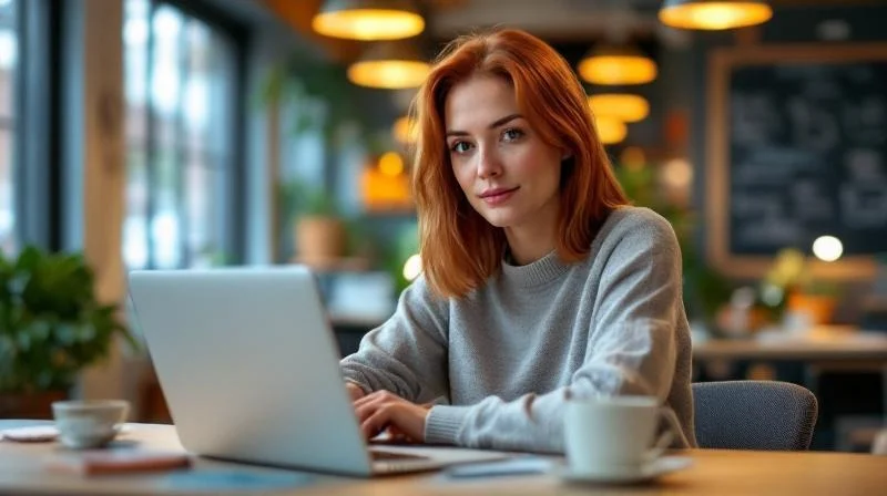 Frau mit Laptop in modernem Coworking-Space in Chemnitz, konzentriert auf den Bildschirm