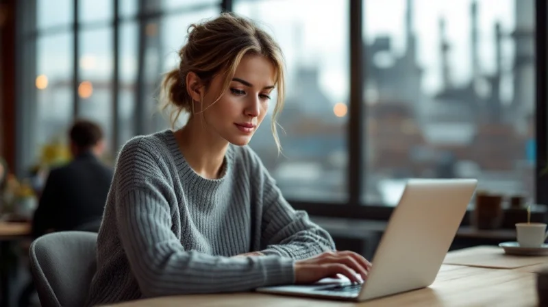 Chemnitzer Angestellte im Coworking-Space mit Laptop, im Hintergrund Industriekulisse