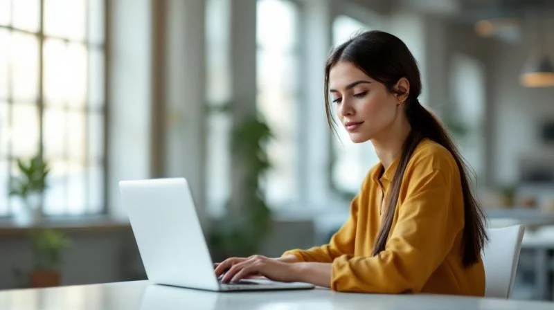Frau sitzt in einem hellen Chemnitzer Buero und schaut auf ihren Laptop