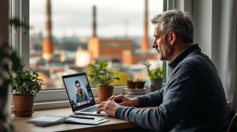 Quereinsteiger arbeitet am Laptop in Chemnitzer Wohnung mit Industrieblick