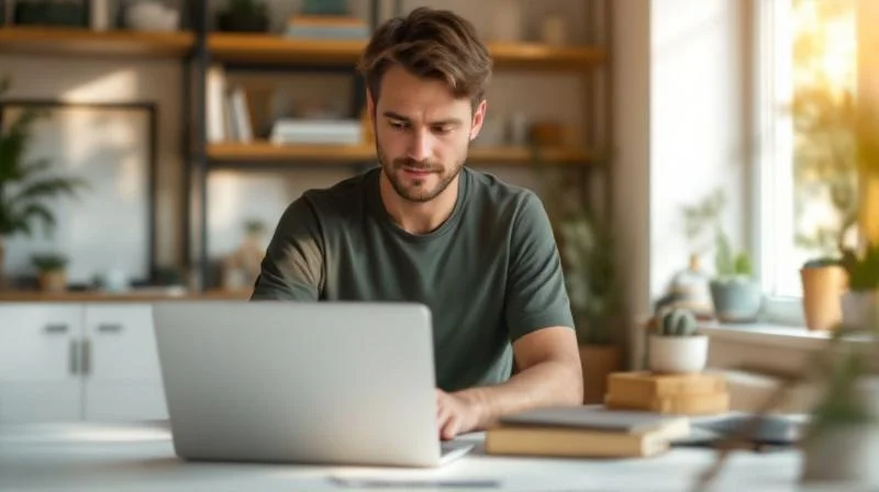 Mann lernt am Laptop in einer modernen Wohnung in Chemnitz