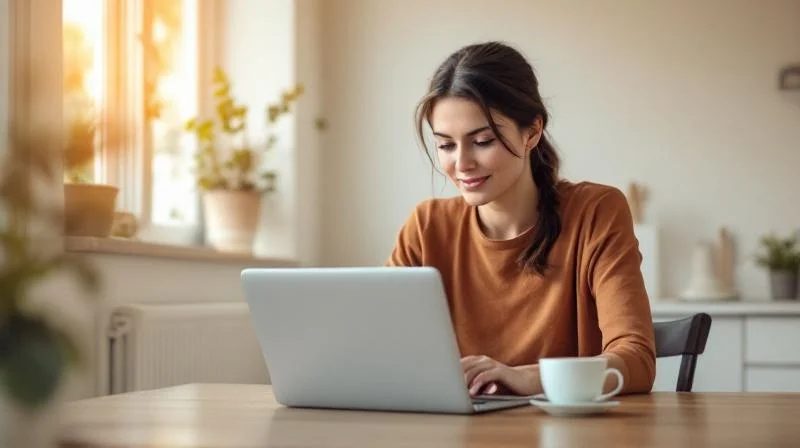 Frau lernt am Laptop in einer hellen Wohnung in Chemnitz