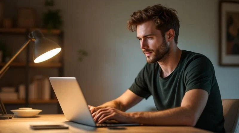 Mann lernt konzentriert am Schreibtisch für den Wirtschaftsfachwirt in Chemnitz